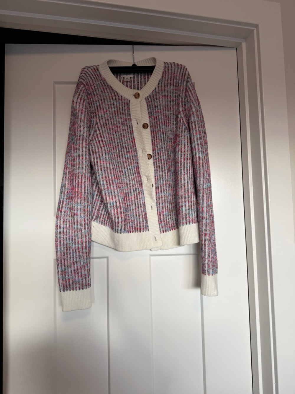 J. Crew Multicolor Speckled Ribbed Cardigan with Cream Trim